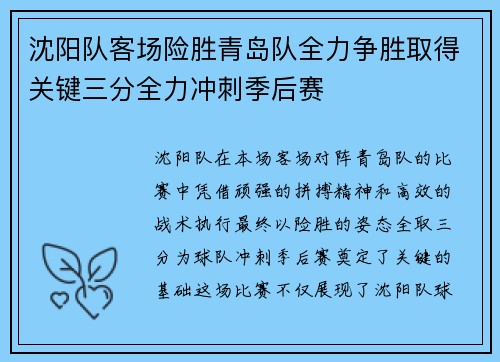 沈阳队客场险胜青岛队全力争胜取得关键三分全力冲刺季后赛