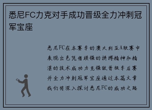悉尼FC力克对手成功晋级全力冲刺冠军宝座